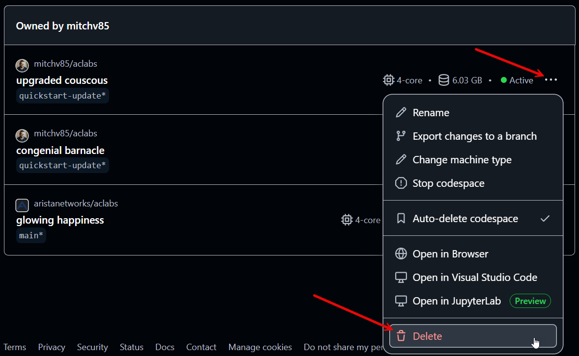 Delete Codespace